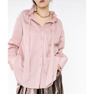 ブラウス シャツ Pinstripe frill bow-tie blouse ピンストライプフリルネックブラウス レディース
