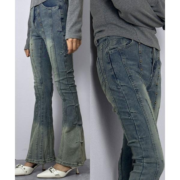 ジーンズ デニム デニムパンツ 「低身長向け」スタッズライン キャザーデザインフレアデニムパンツ レ...