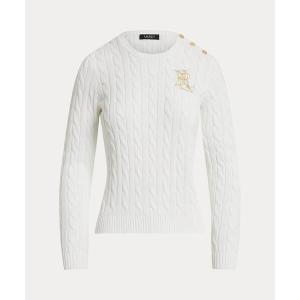 ニット セーター ボタントリム ケーブルニット コットン セーター レディース