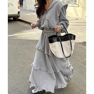 セットアップ フードスウェットパーカー × フリルスウェットロングスカート セットアップ レディース