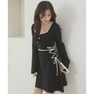 ワンピース side lace up flare mini knit dress / サイドレースアップフレアミニニットワンピース