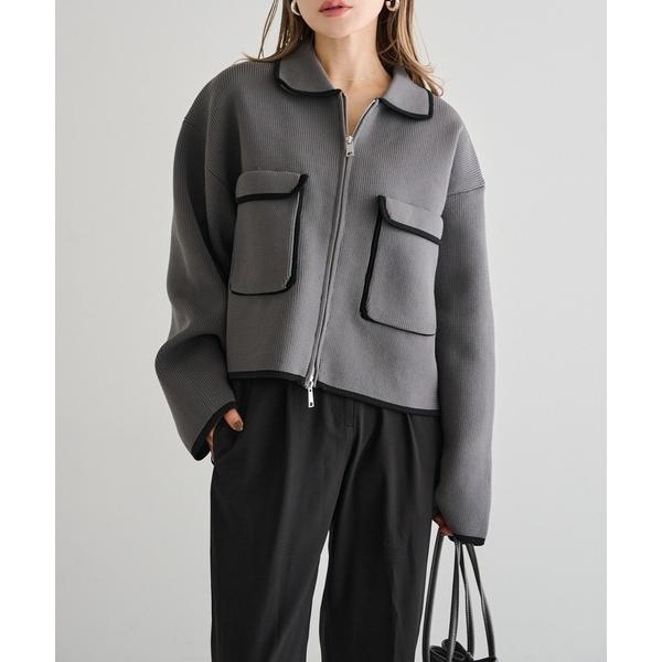 ニット セーター 襟付き配色パイピングジップニット レディース