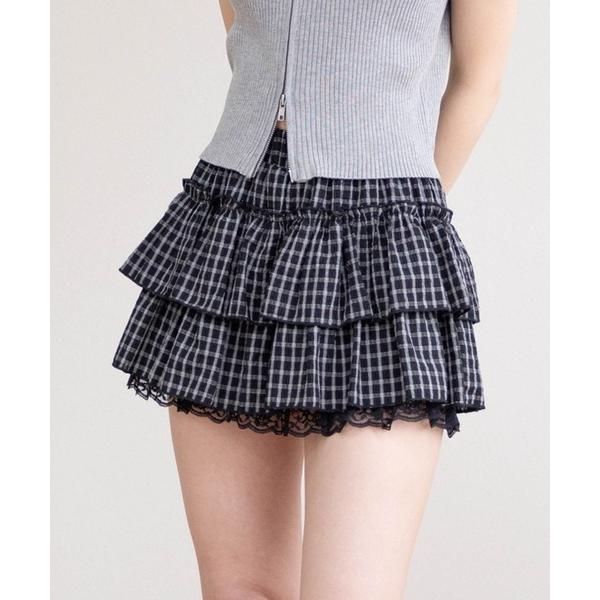 スカート チェック柄フリルティアードミニスカート「着回し力抜群 ガーリー」