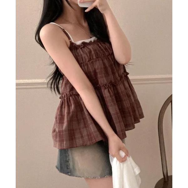 ブラウス シャツ チェック柄 ティアードフリルキャミトップス レディース