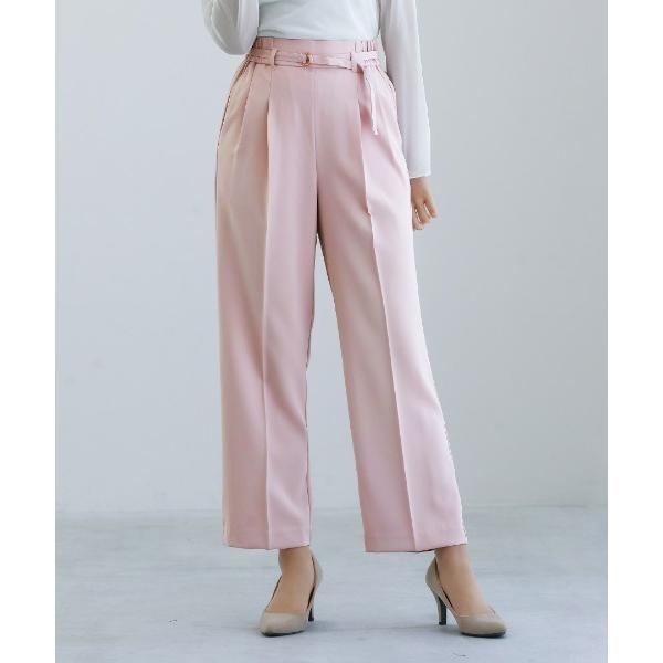 パンツ 「 サッシュベルト付 」センタープレス・タックワイドストレートパンツ レディース