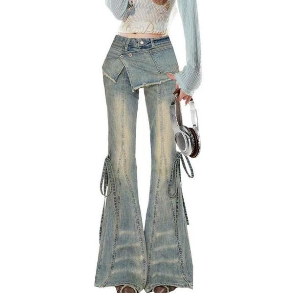 ジーンズ デニム デニムパンツ 「-5kg錯覚」3WAY美脚フレアデニム｜リボン×レイヤード2点SE...