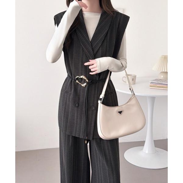 セットアップ ベルト付きストライプ柄テーラーベストジャケットセットアップ レディース