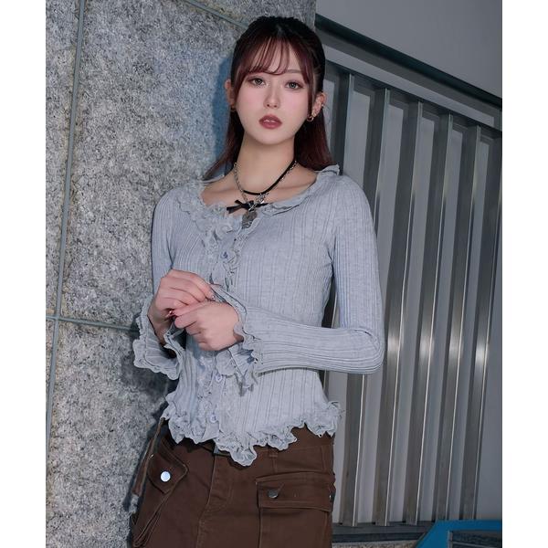 ニット セーター レースフリルフレア袖リブ長袖薄手ニットトップス レディース