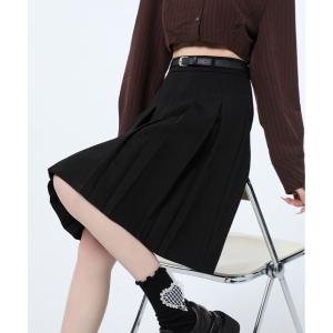 スカート ベルト付き プリーツ フレア ミディスカート