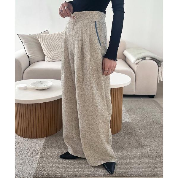 パンツ バイカラー デニムパイピング ハイウエスト2タックワイドパンツ レディース