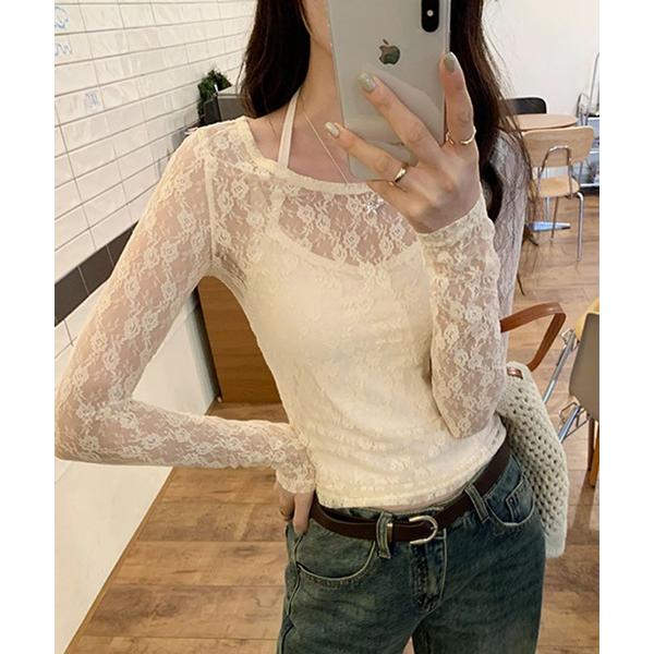 tシャツ 「セット商品」フラワーモチーフ レースシアートップス ホルターネックキャミ レディース