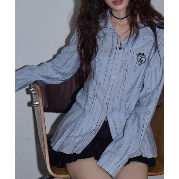 ブラウス シャツ 「春夏新作」フロントファスナーストライプシャツ レディース