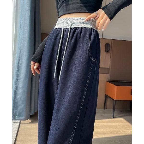 ジーンズ デニム デニムパンツ 「春夏新作」配色ステッチデニムイージーパンツ レディース