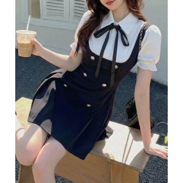 ワンピース リボン付き パフスリーブ フェイクレイヤードワンピース