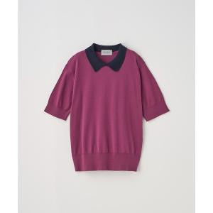 ニット セーター 半袖バイカラーコットンニットポロシャツ レディース