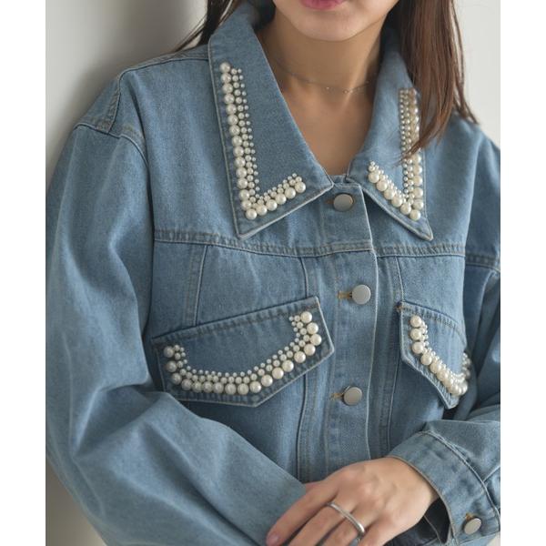 tシャツ パール付きデニムジャケット レディース