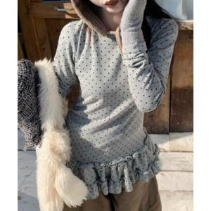 tシャツ ドット柄 フェミニンフリルトップス レディース
