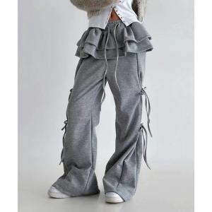 ワイドパンツ スウェットパンツ ジャージ フリルレイヤード スウェットワイドパンツ レディース