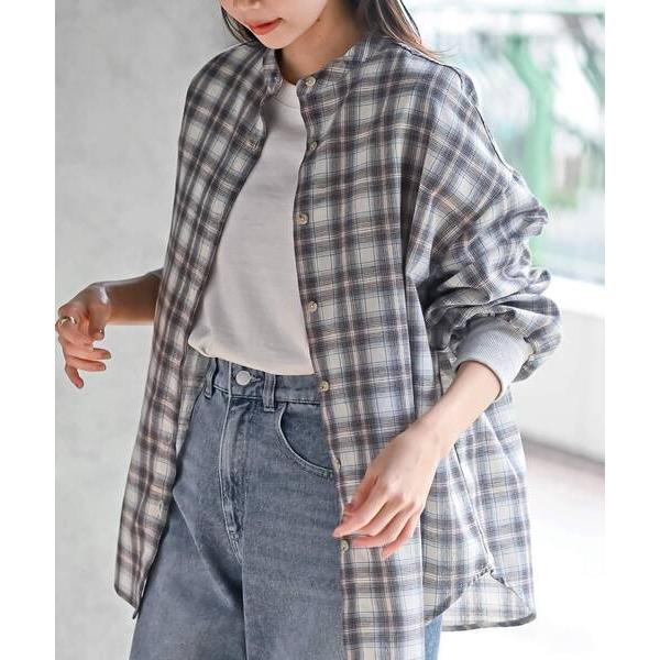 ブラウス シャツ リブ使いバンドカラーチェックシャツ レディース
