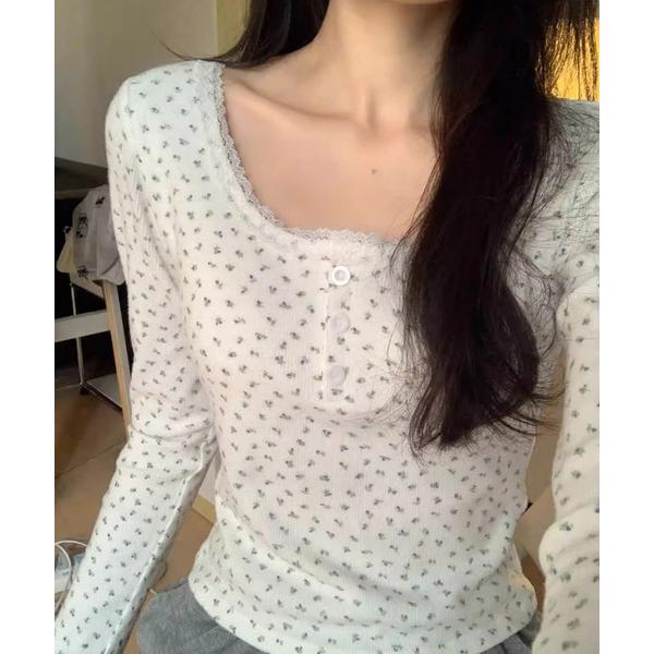 tシャツ パット付き小花柄ヘンリーネックリブロンT/レース レディース