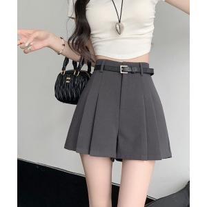 パンツ ミニスカート見えで脚長効果！ハイウエストプリーツショートパンツ レディース