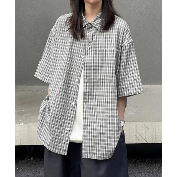 ブラウス シャツ オーバーサイズチェック柄半袖シャツ/ユニセックス レディース メンズ