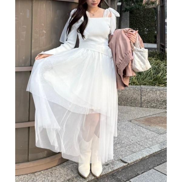 ワンピース ショルダーリボンチュールニットワンピース　春服