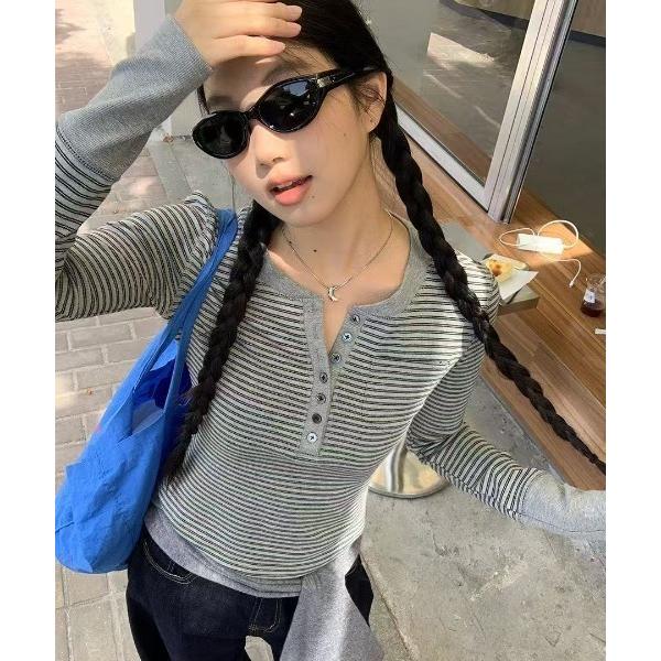 tシャツ 26ss　韓国風ストライプカットソー レディース