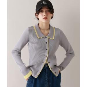 カーディガン バイカラーリブニットポロカーディガン レディース