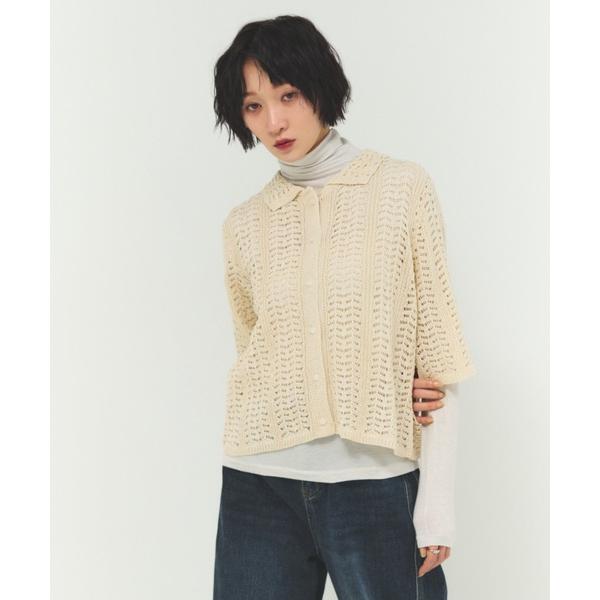 ブラウス シャツ オープンワークニットシャツ / 透かし編み 軽量 レイヤードトップス 羽織 レディ...