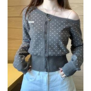 カーディガン Nia(ニア)/ワンショルダードット柄ニットカーディガン レディース