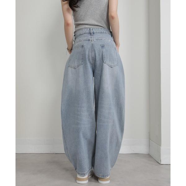 ジーンズ デニム デニムパンツ バックウエスト刺繍 ワイド カーヴパンツ レディース