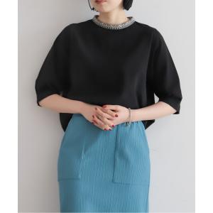 tシャツ 柄テープ衿天竺　ハイネックプルオーバー レディース