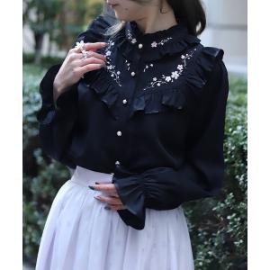 ブラウス シャツ 桜刺繍スタンドブラウス レディース