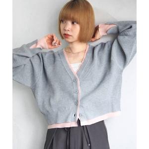 カーディガン 畦編配色Vネックショートカーディガン レディース