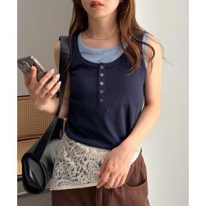 タンクトップ ノースリーブ 「接触冷感」カップ付きレイヤードヘンリーネックタンク レディース