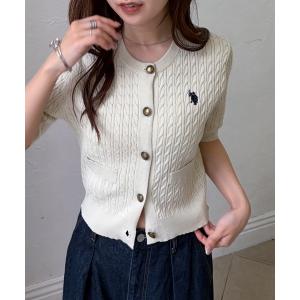 カーディガン RANAN/solleim別注「U.S. POLO ASSN.」ゴールドボタン半袖刺繍ケーブルニットカーディガン レディース