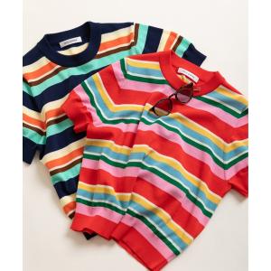 ニット セーター 強撚綿マルチボーダー天竺半袖プルオーバー レディース