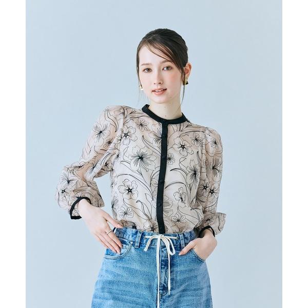 ブラウス シャツ 入学式 シアー刺繍バイカラーダブルリボンブラウス レディース