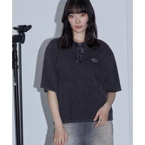 tシャツ ヴィンテージ加工 ラインストーン へンリーネック ワッフル半袖Tシャツ レディース メンズ