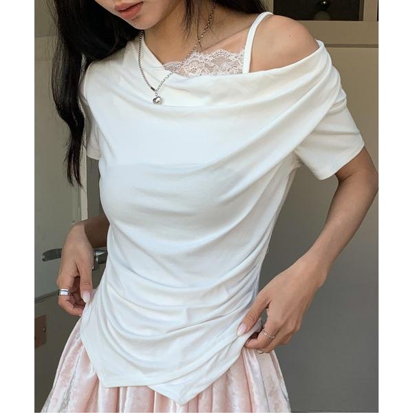 tシャツ レースキャミ付きドレープネックカットソー レディース