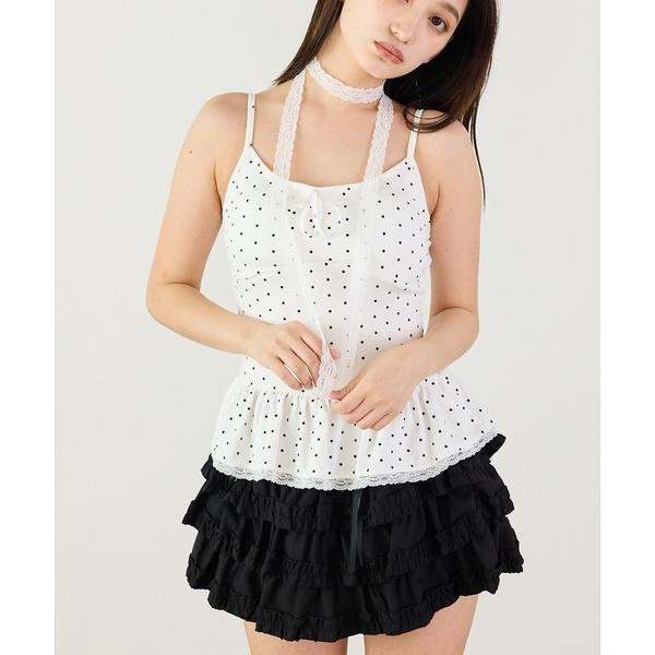 キャミソール レースタイ付き　ドットペプラムキャミ