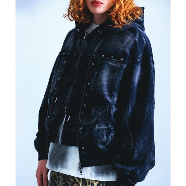 パーカー 「P.N UNDERGROUND」レイヤード スタッズ ショート丈 ジップパーカー 裏毛 ...