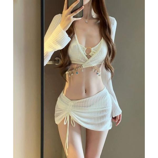 水着 シアーカーデ＆ミニスカ付・ビキニ３点セット レディース