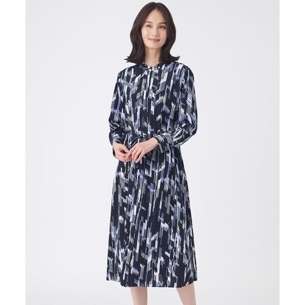 ワンピース 「ウォッシャブル」パウダーデシン幾何プリントワンピース