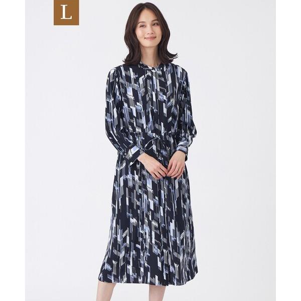 ワンピース 「L」「ウォッシャブル」パウダーデシン幾何プリントワンピース