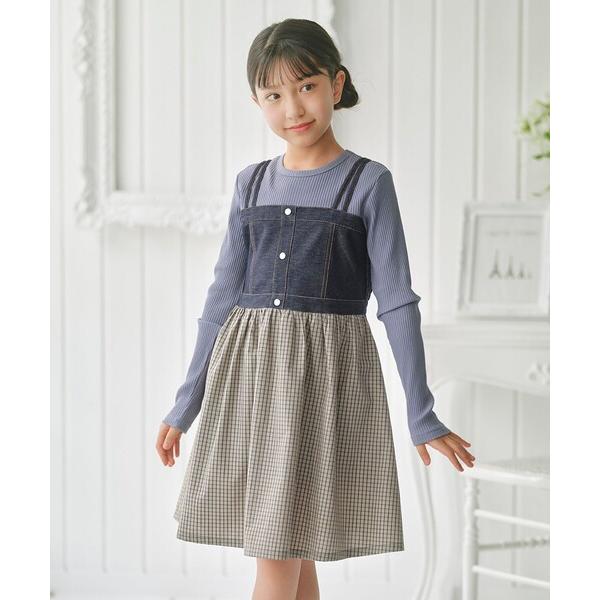 ドレス 発表会 卒園式 入学式 「150-170cm」チェックドッキング ワンピース キッズ 子供服