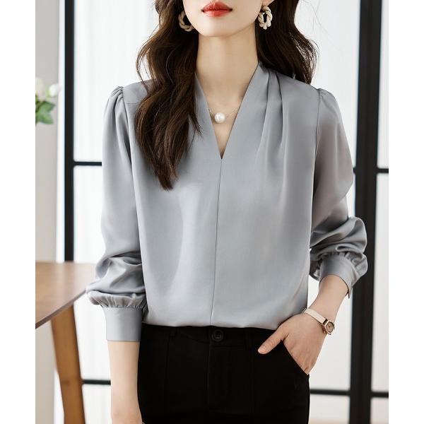 ブラウス シャツ Vネック×ギャザー袖ブラウス レディース