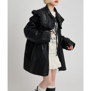 コート アウター フリル衿付きPUレザージャケット レディース