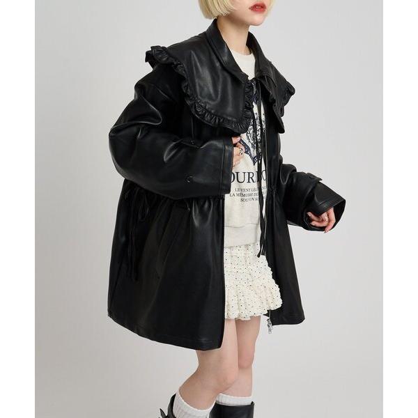 コート アウター フリル衿付きPUレザージャケット レディース